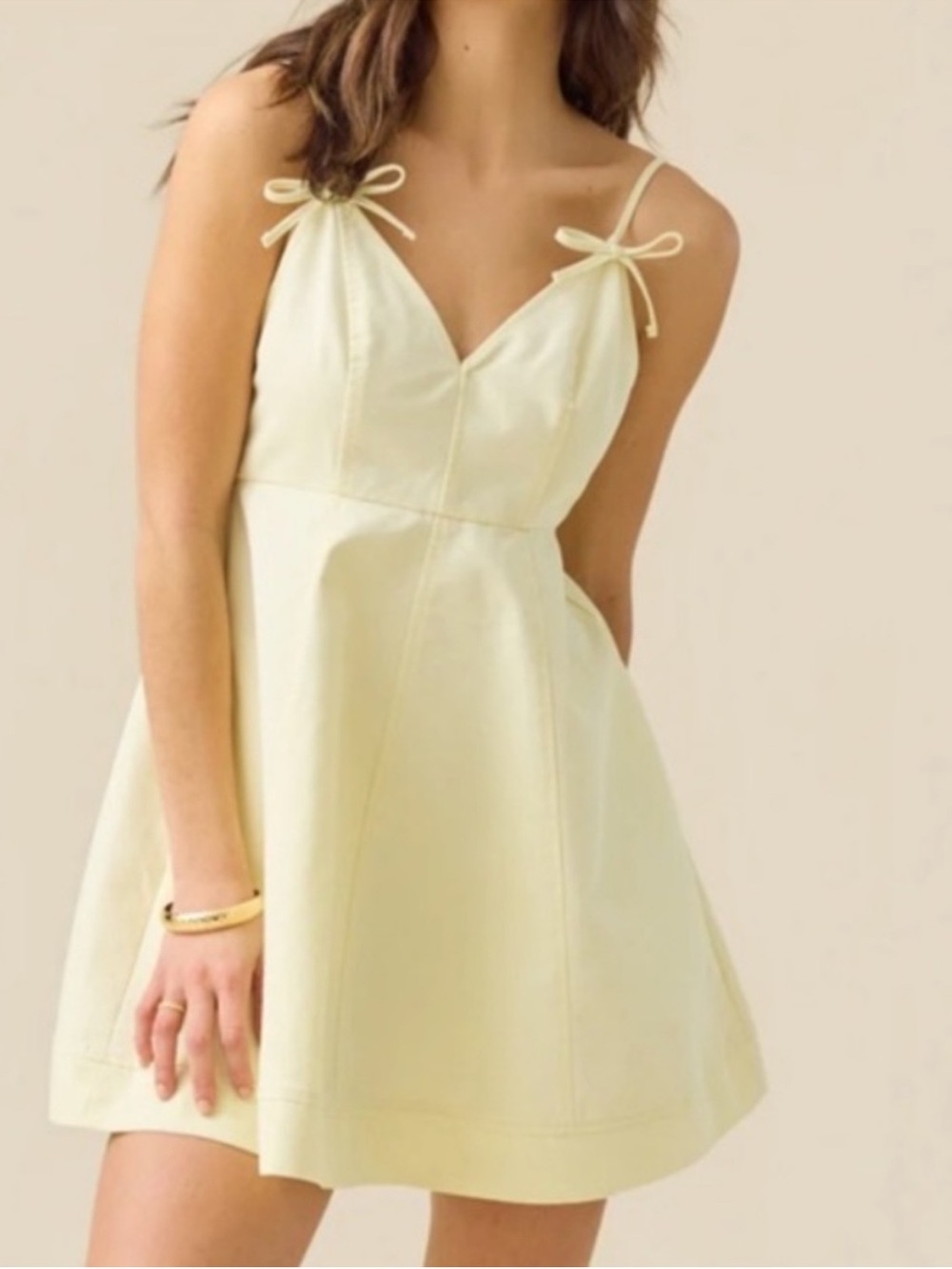 NWT Jean Altar'd State Pale Yellow Tie-Shoulder Sweetheart Denim Mini Dress